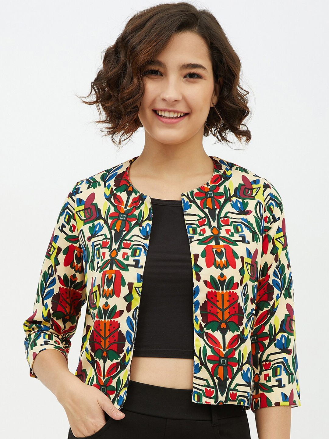 StyleStone Women Multi Cream Printed Moss Floral Open Shrug