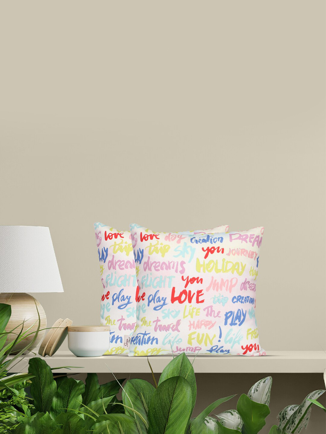 Sivya White Typography Polycotton Washable 2 Square Cushion Covers -15.7x15.7In