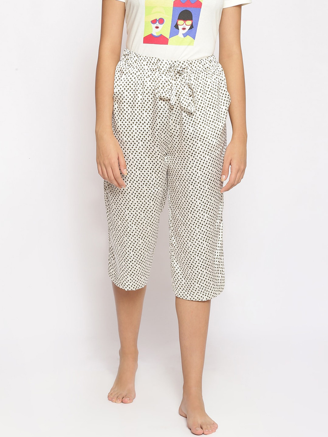 Oxolloxo Women Cream-coloured Printed Lounge Capris