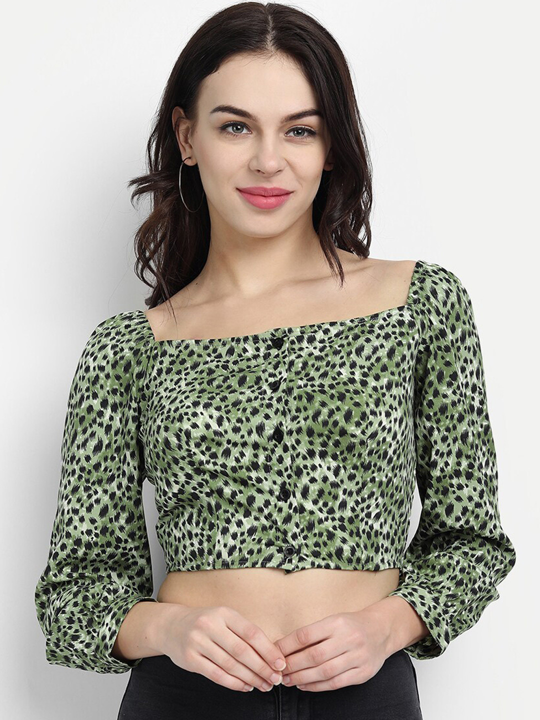 IX IMPRESSION Green & Black Animal Regular Crop Top