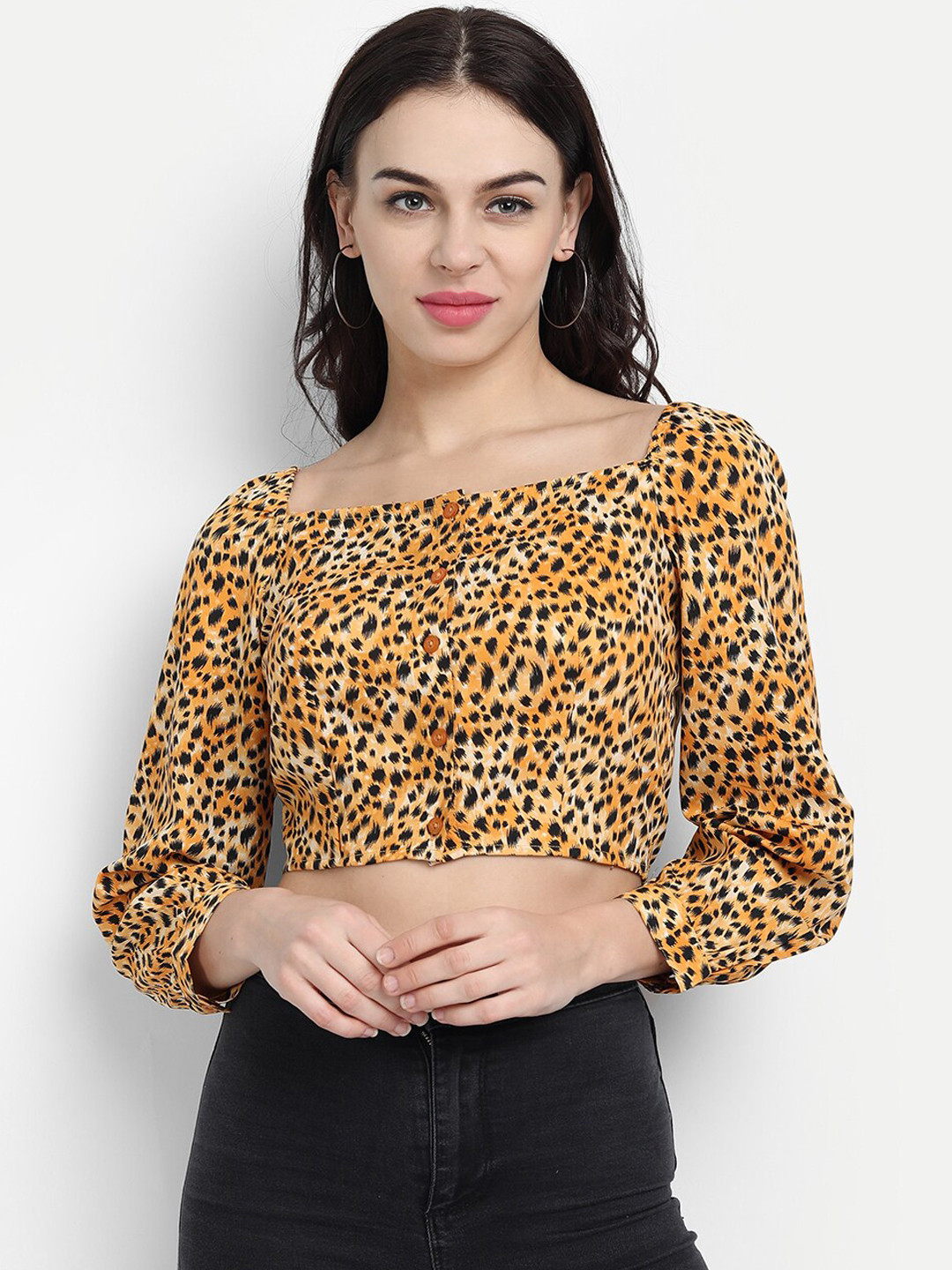 IX IMPRESSION Yellow & Black Animal Regular Crop Top