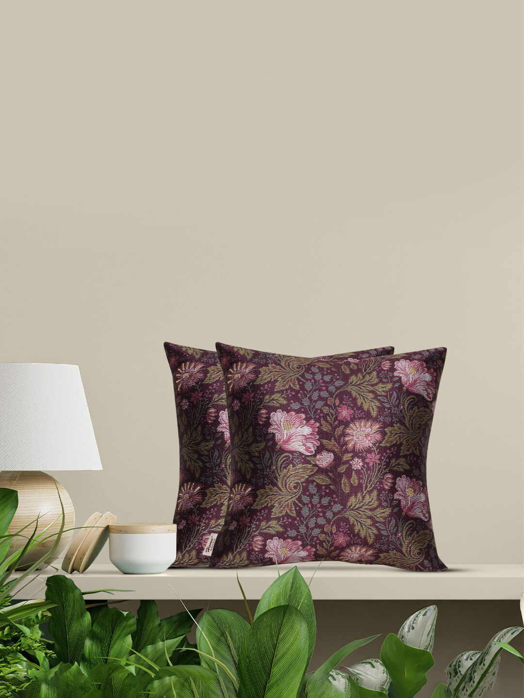 Home Purple Floral Polycotton Durable 2 Piece Textured Square Cushion Covers -16x16In