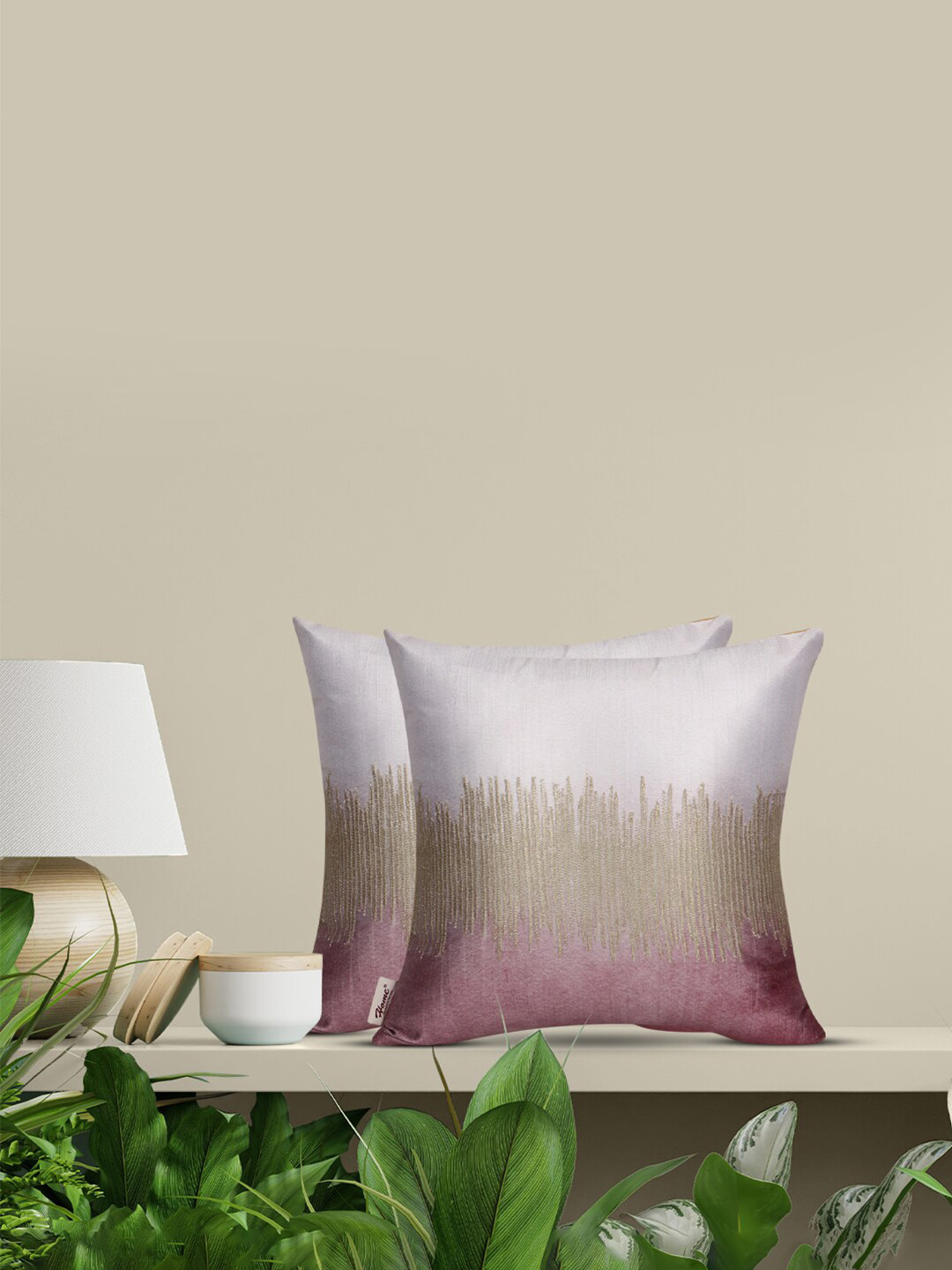 Home Silver Embroidered Polycotton Breathable 2 Pcs Square Cushion Covers - 16 x 16 Inches