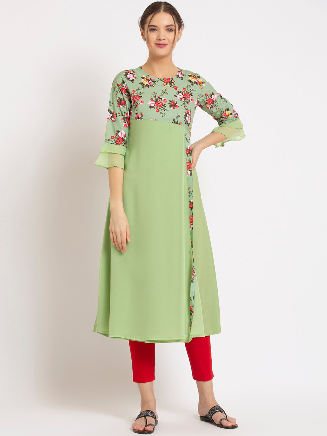 ALC Creations Women Green Floral Printed Flared Sleeves Crepe Kurta