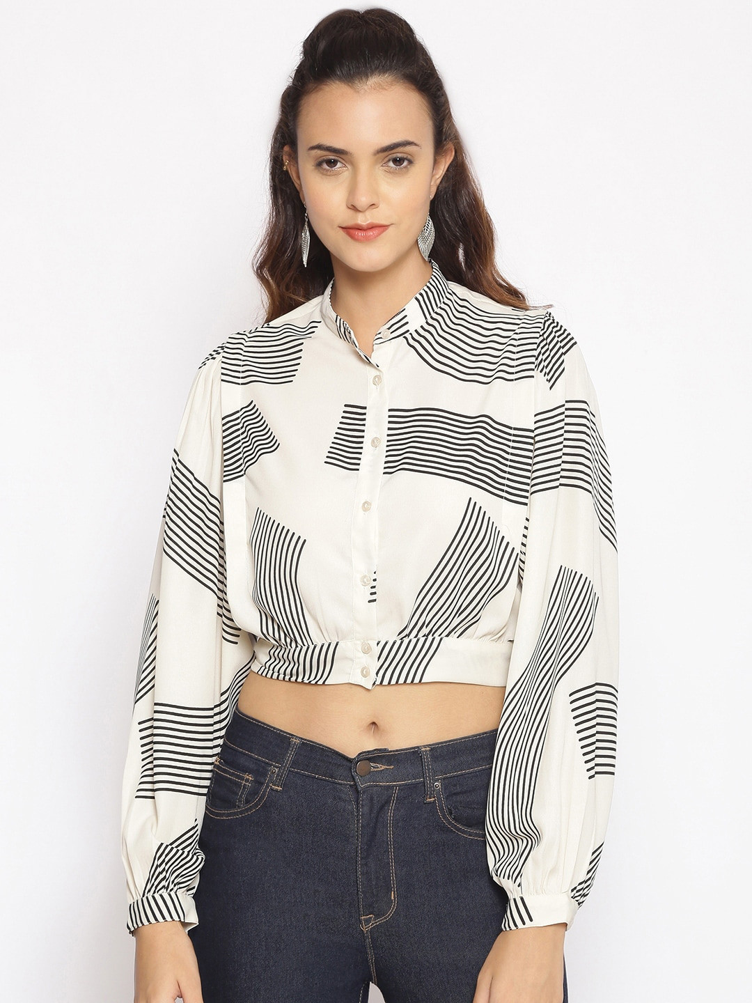 Oxolloxo Women Cream-Coloured Regular Fit Striped Casual Shirt