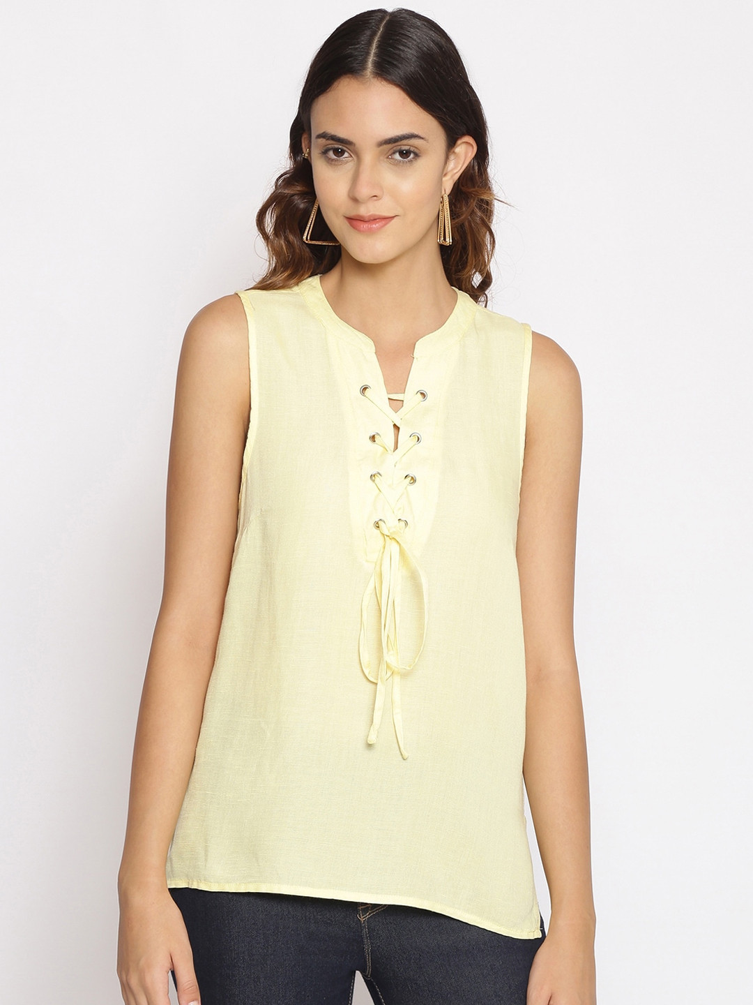 Oxolloxo Yellow Tie-Up Neck Regular Top