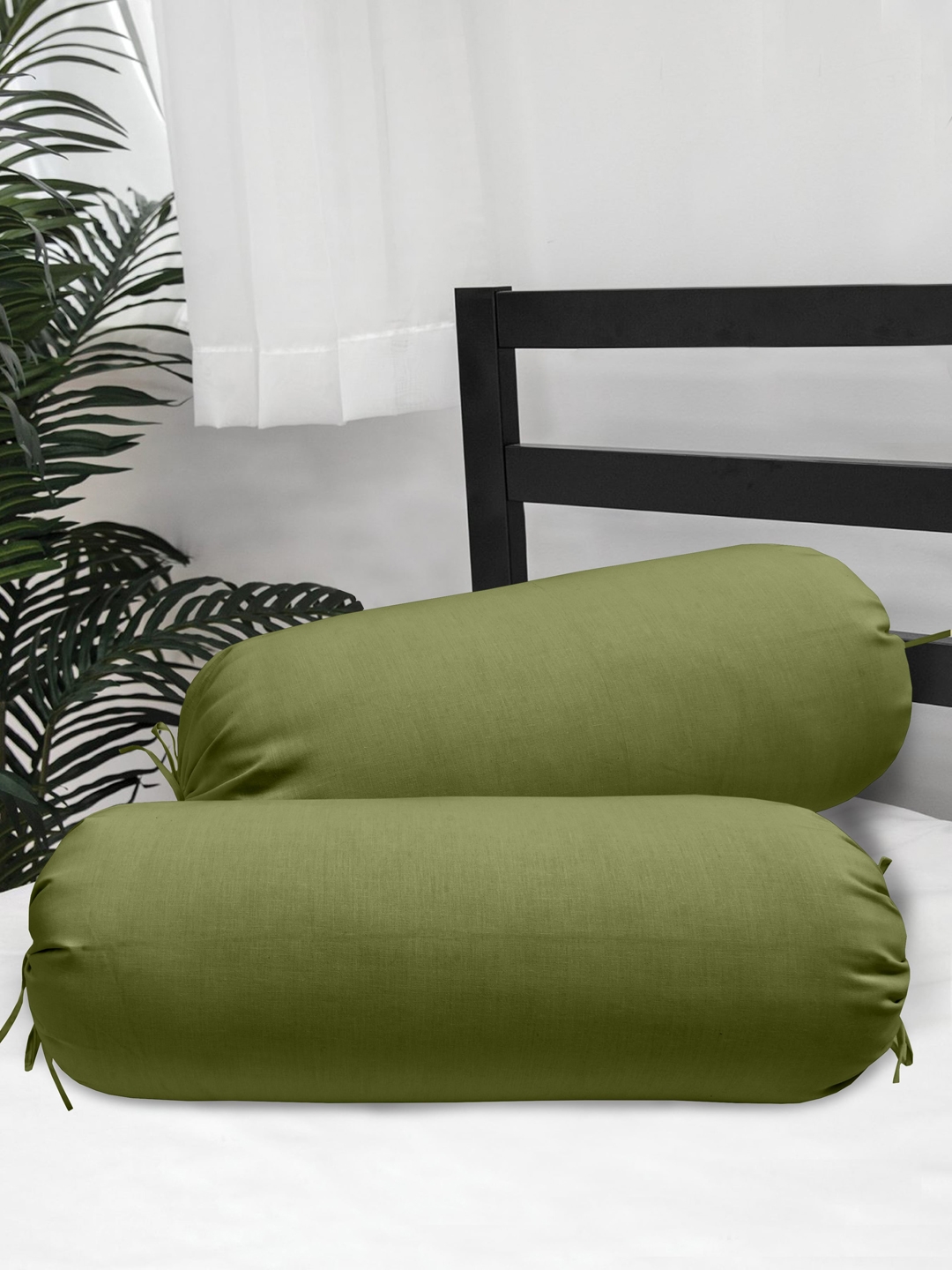 Clasiko Set Of 2 Olive Green Solid Cotton 300 TC Bolster Covers