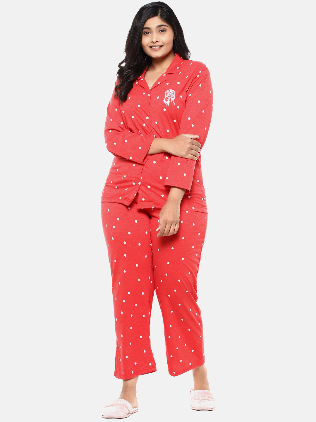 Instafab Plus Women Red & White Pure Cotton Printed Night Suit