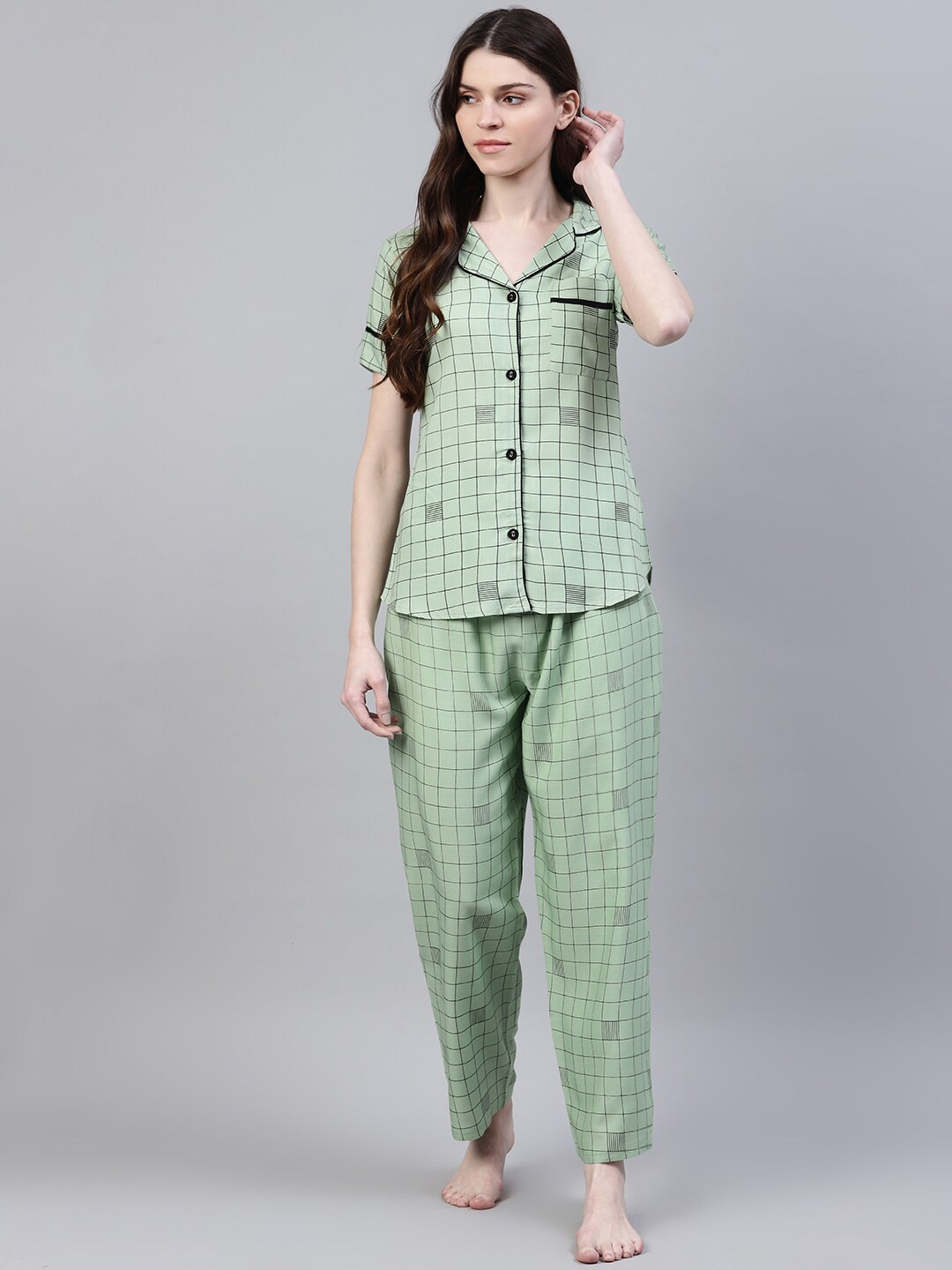 Stylum Women Green & Black Checked Night suit