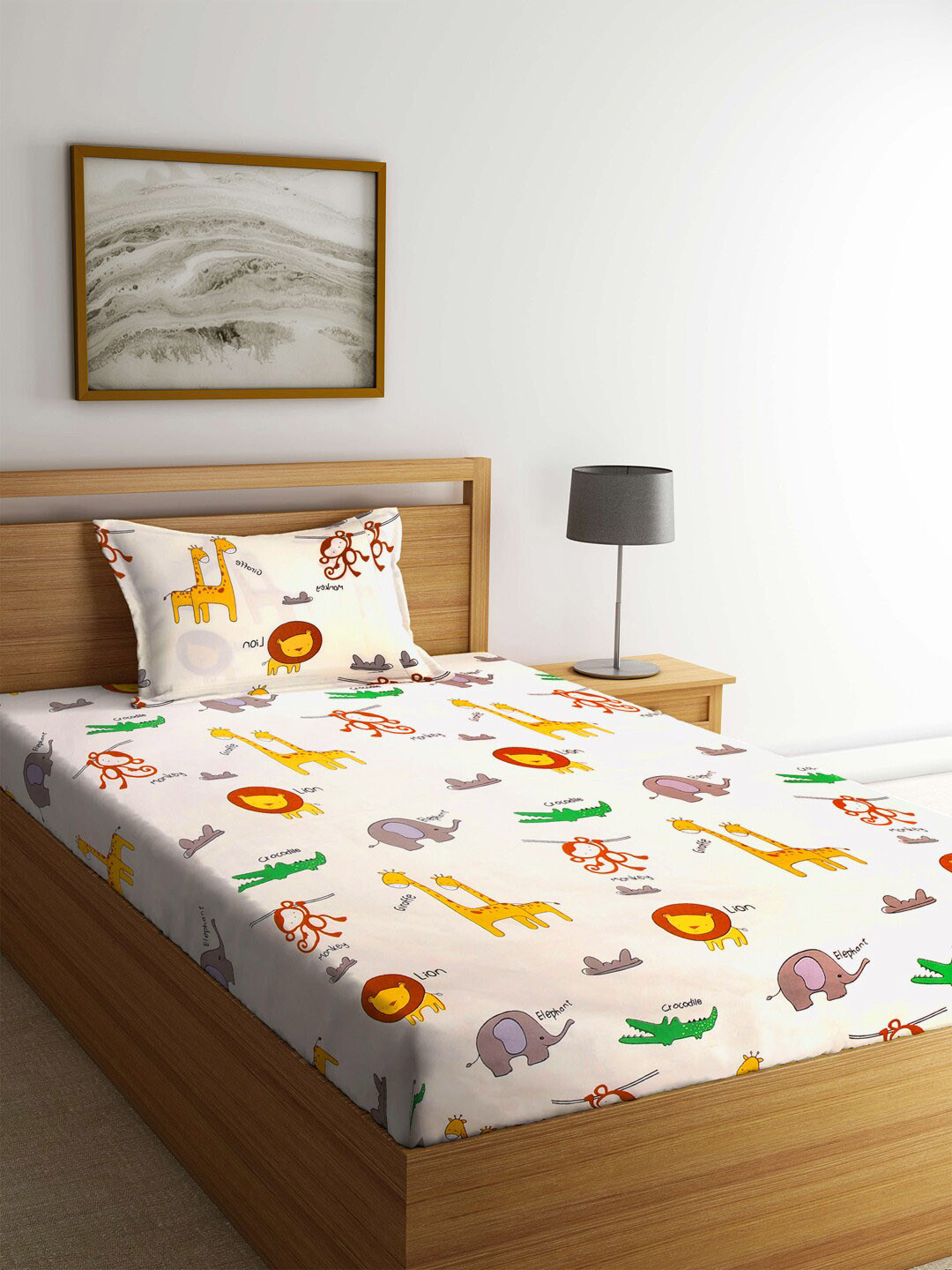 KLOTTHE Multicoloured Graphic Polycotton 210 TC Single Fine Bedsheet with a Pillow Cover-85 x 59 inches