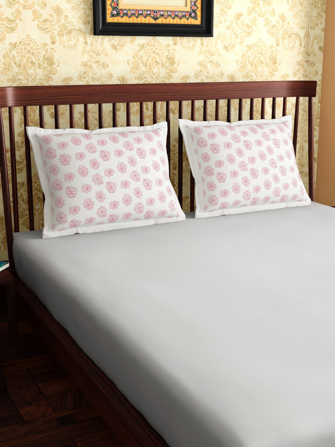 PETAL HOME Set Of 2 White & Pink Printed Acadia Pure Premium Combed Cotton Pillow Covers