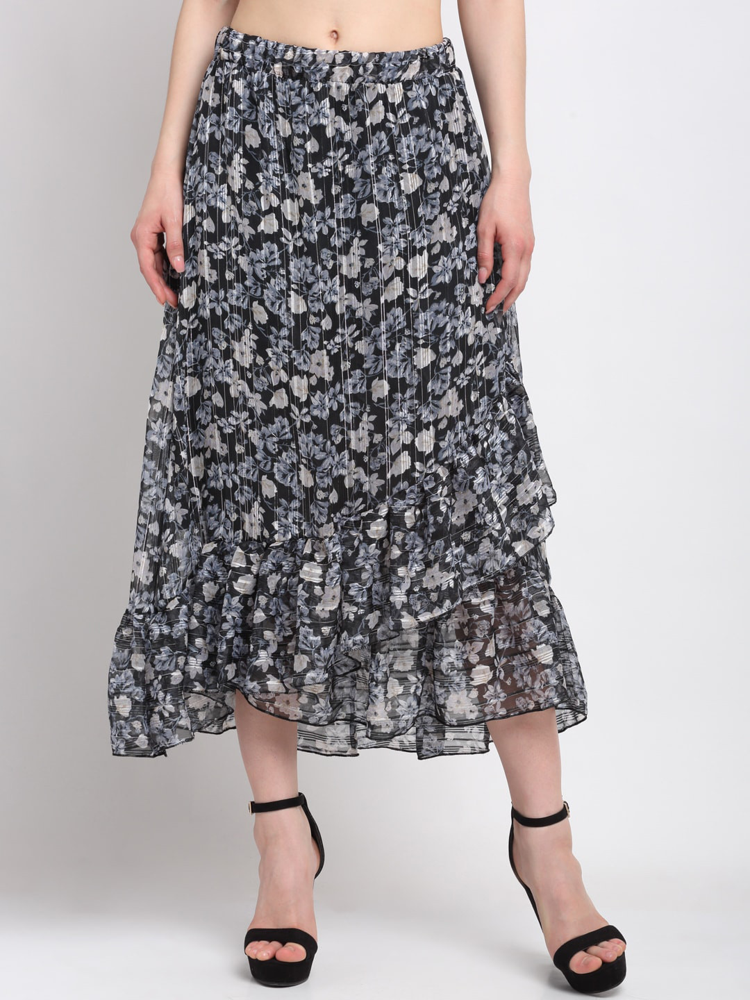 KLOTTHE Women Black & Grey Floral Printed A-Line Maxi Skirt