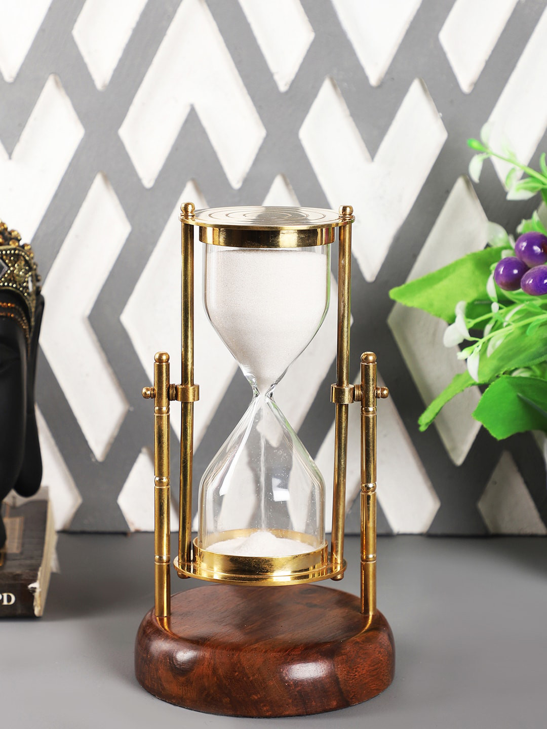 EXIM DECOR Sand Timer with Base Gold Brass Metallic Living Room Medium Showpiece - 7 Inches