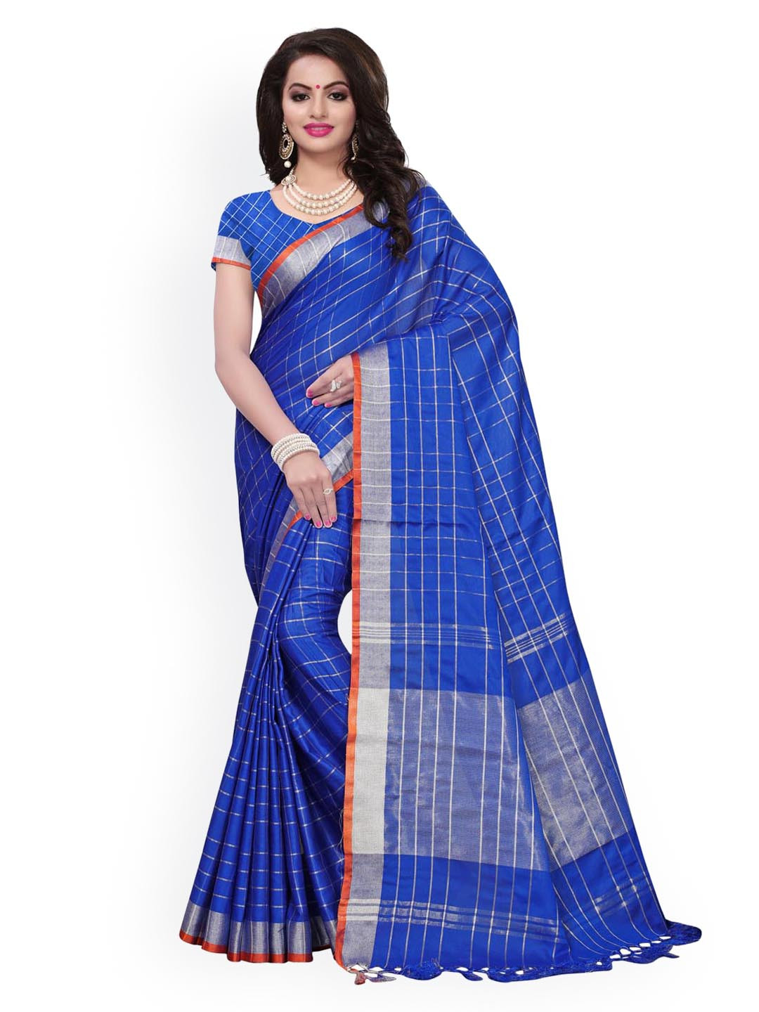 KALINI Blue & Silver-Toned Checked Zari Linen Blend Saree