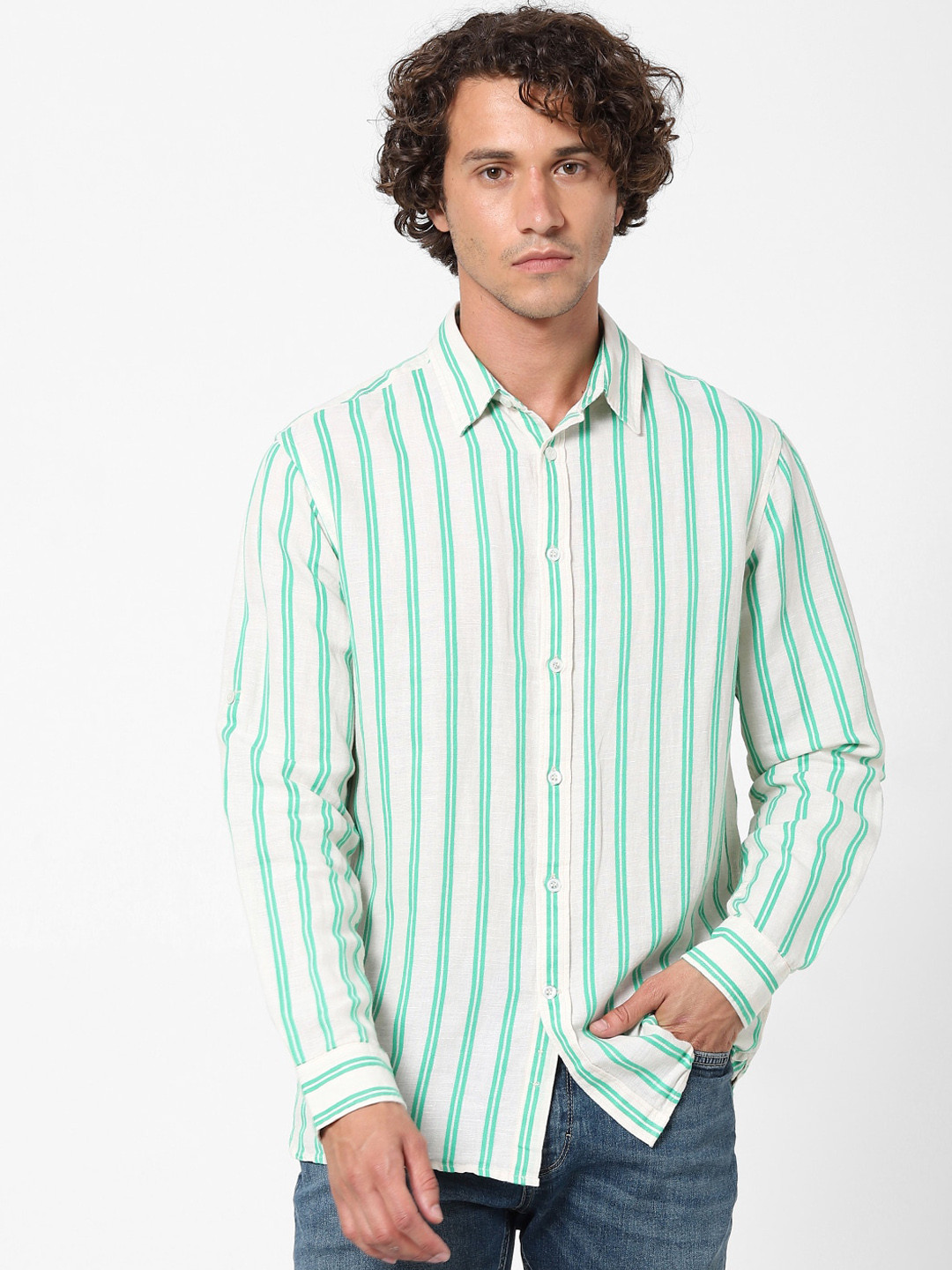 Celio Men Off White Striped Linen Casual Shirt