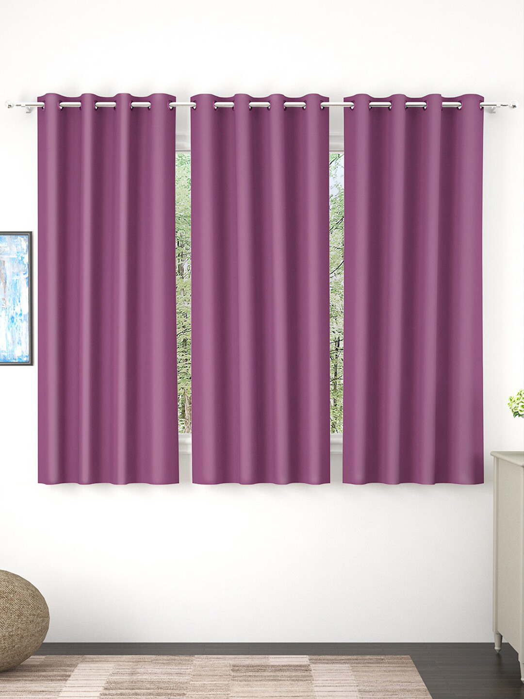 Story@Home Faux Silk Solid Solid 300GSM Lavender Room Darkening Blackout Window Curtain - Set Of 3