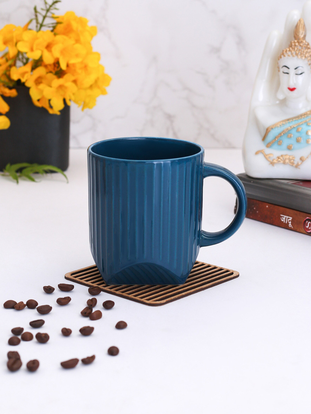 CLAY CRAFT Navy Blue Striped Ceramic Handmade 2 Piece Mugs-320ml