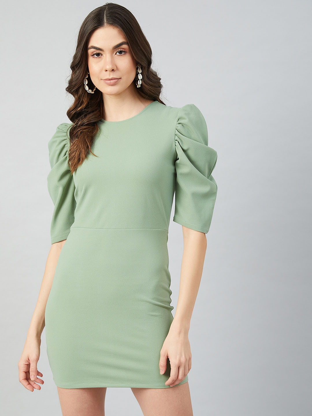 Athena Sea Green Bodycon Dress with Puffed Sleeves