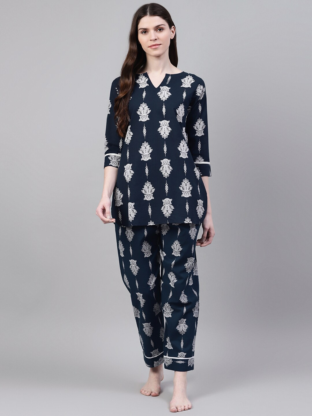 Stylum Women Navy Blue & White Printed Night suit
