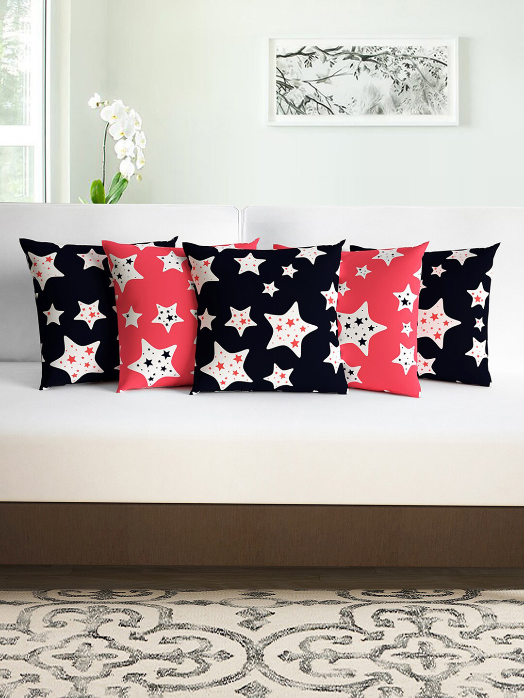 Divine Casa Pink & Black Set of 5 Geometric Square Cushion Covers