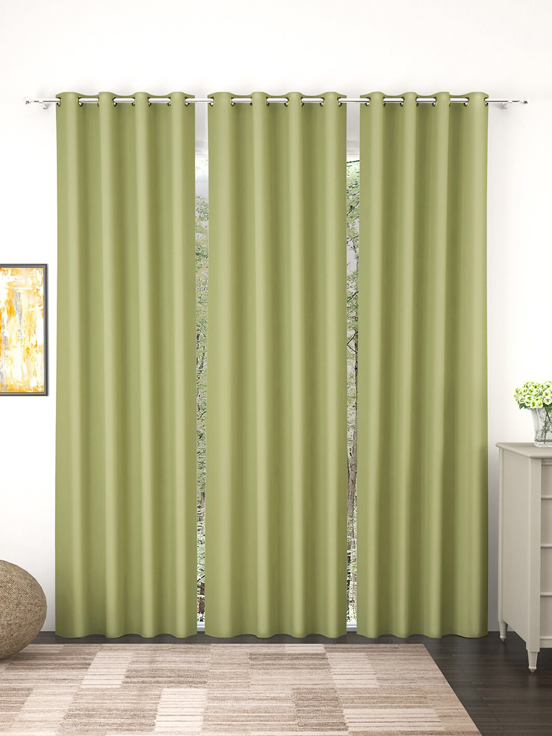Story@Home Faux Silk Solid 300GSM Lime Green Room Darkening Blackout Door Curtain - Set of 3