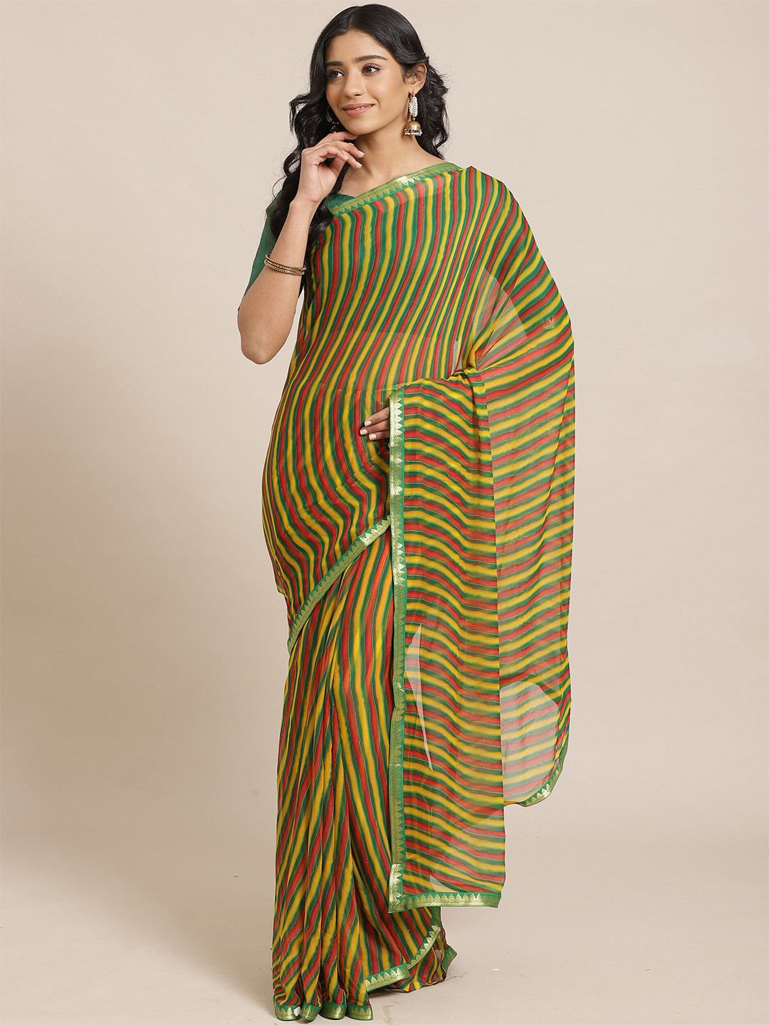 Saree mall Green & Yellow Leheriya Sarees