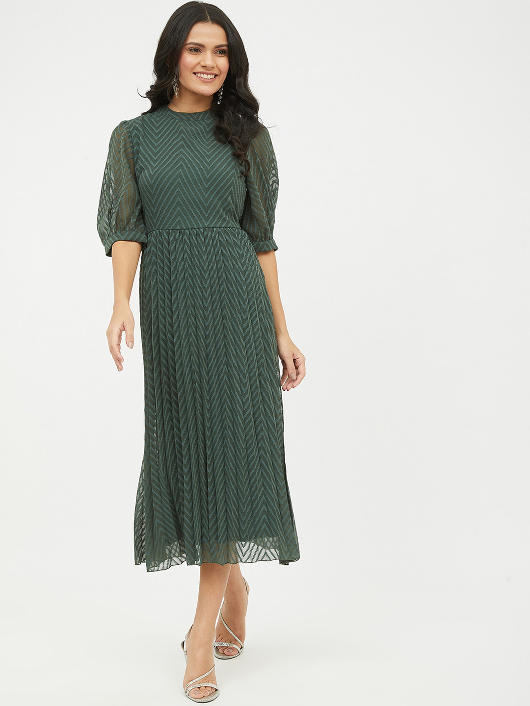 Harpa Green Georgette Accordion Pleats Midi Dress