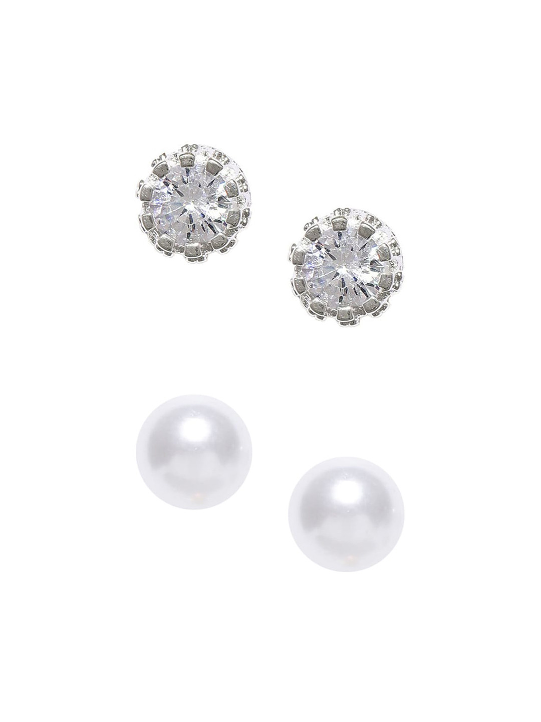 OOMPH Women Silver Round Crown Cubic Zirconia & White Pearl Set of 2 Stud Earrings