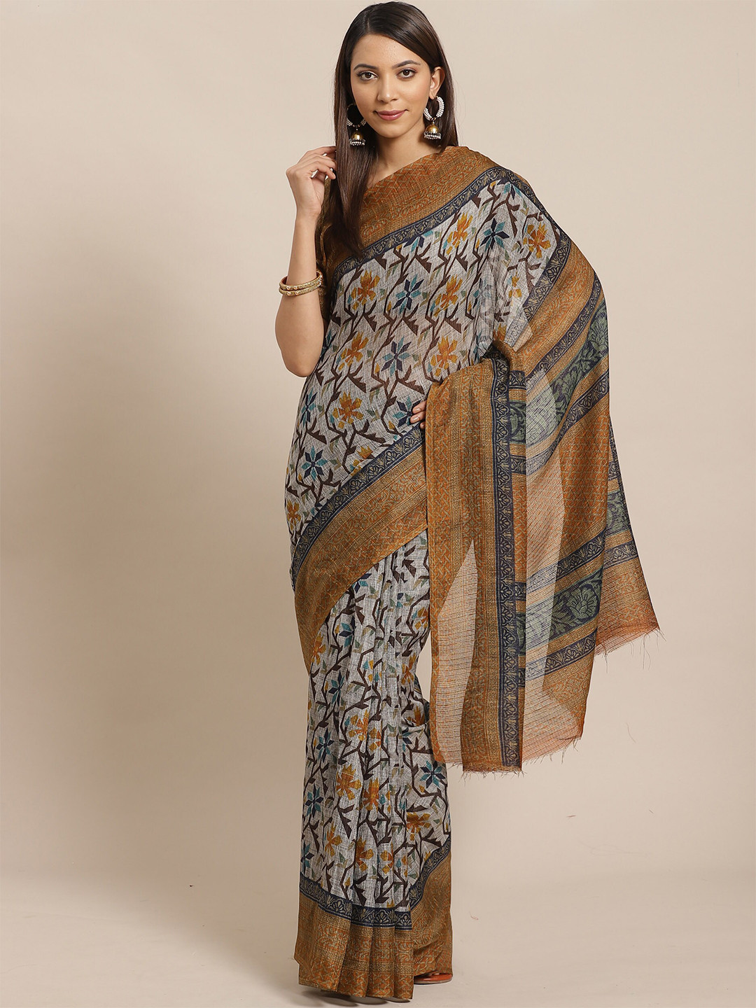 Saree mall Grey & Mustard Floral Silk Blend Sarees