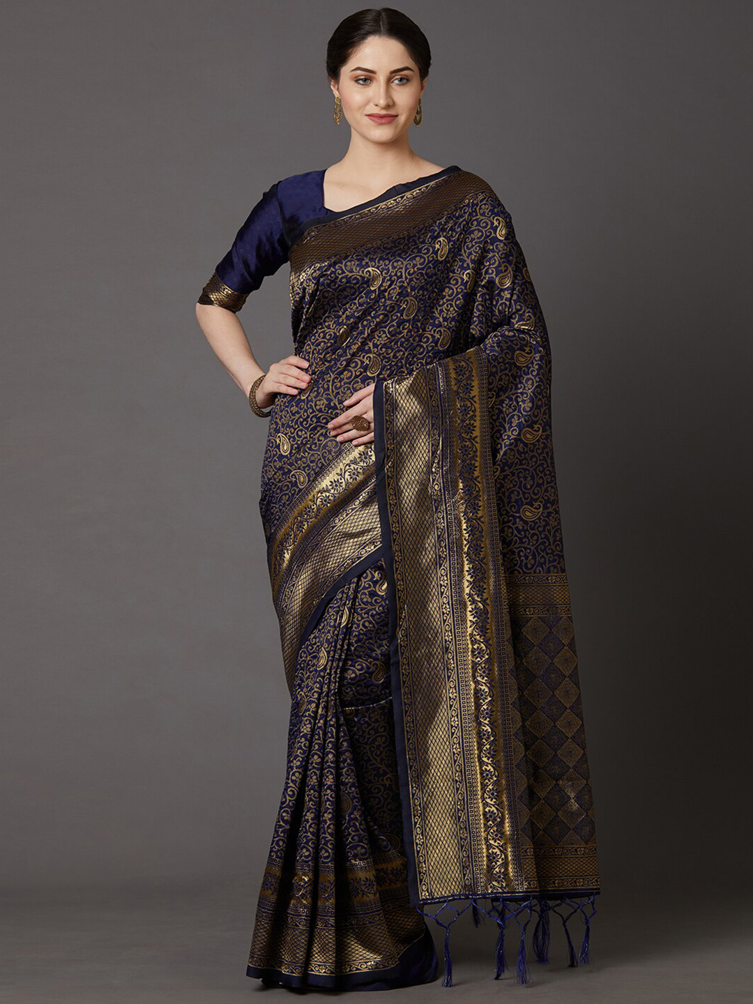 Saree Mall Women Navy Blue Banarasi Saree