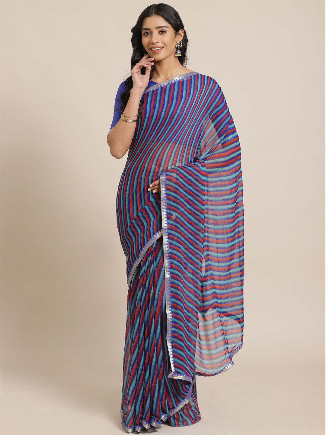 Saree mall Blue & Red Leheriya Sarees