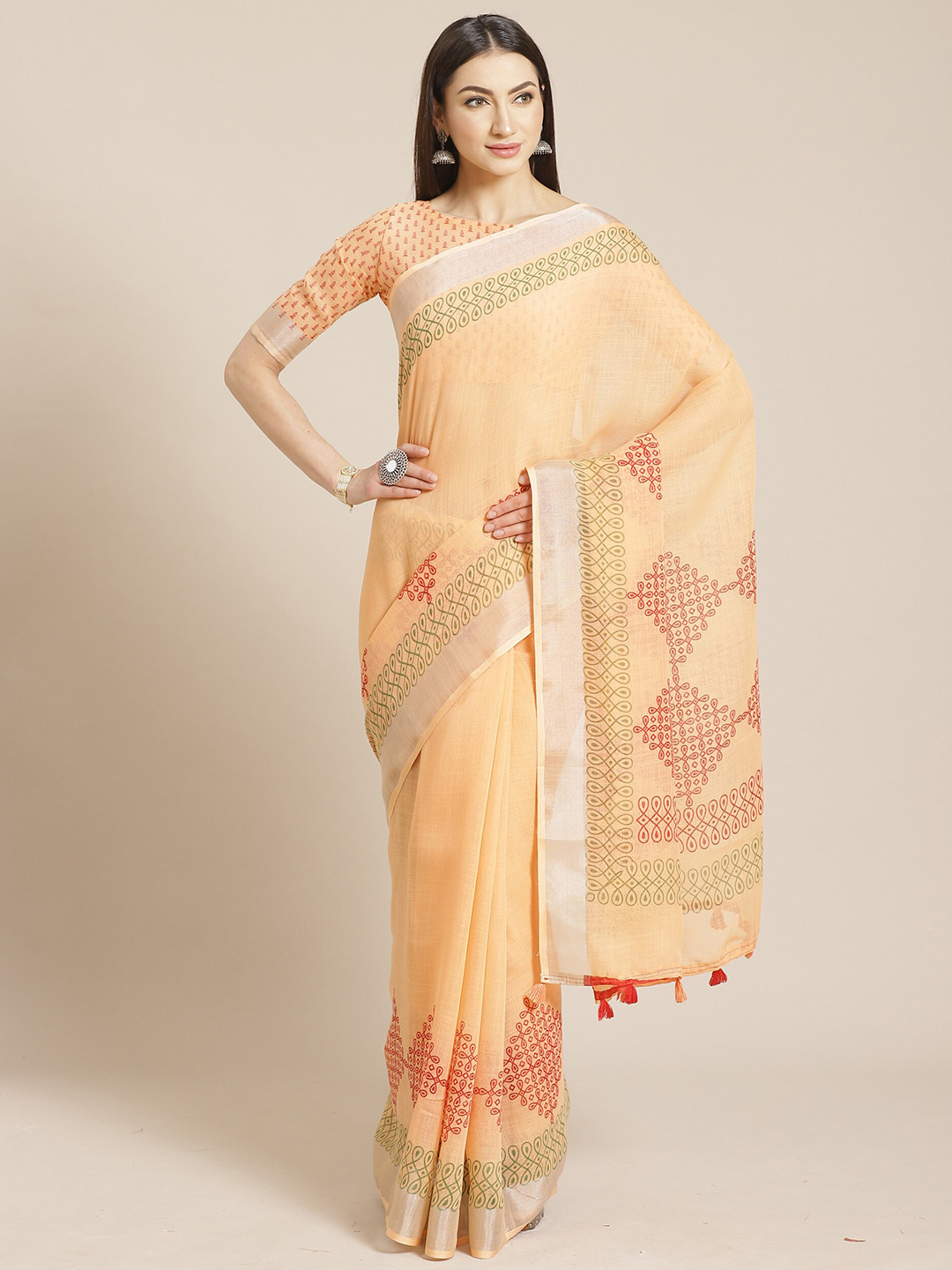 Saree mall Peach & Red Linen Blend Sarees