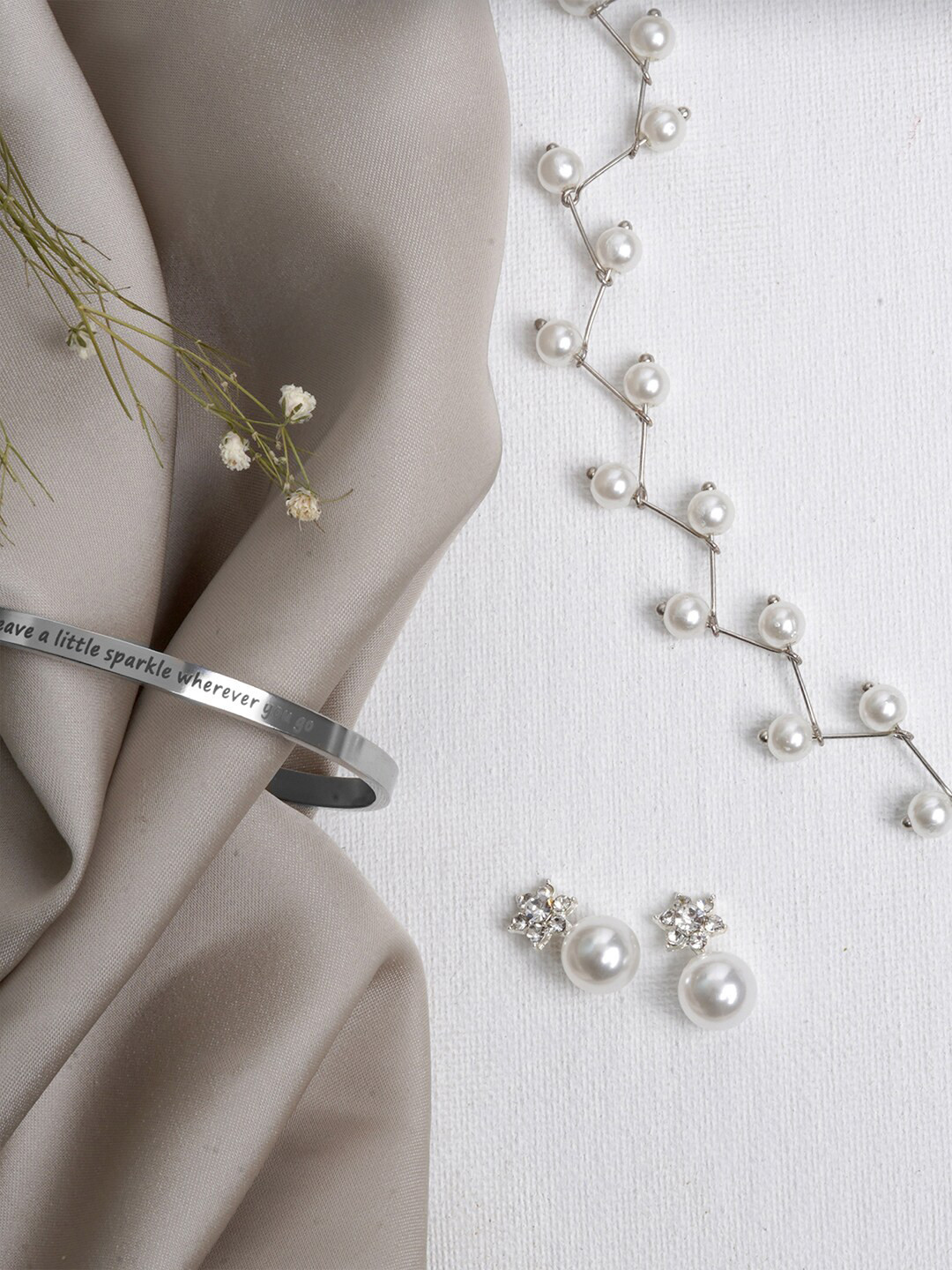 JOKER & WITCH Silver-Toned White Stone-Studded & Beaded Jewellery Set