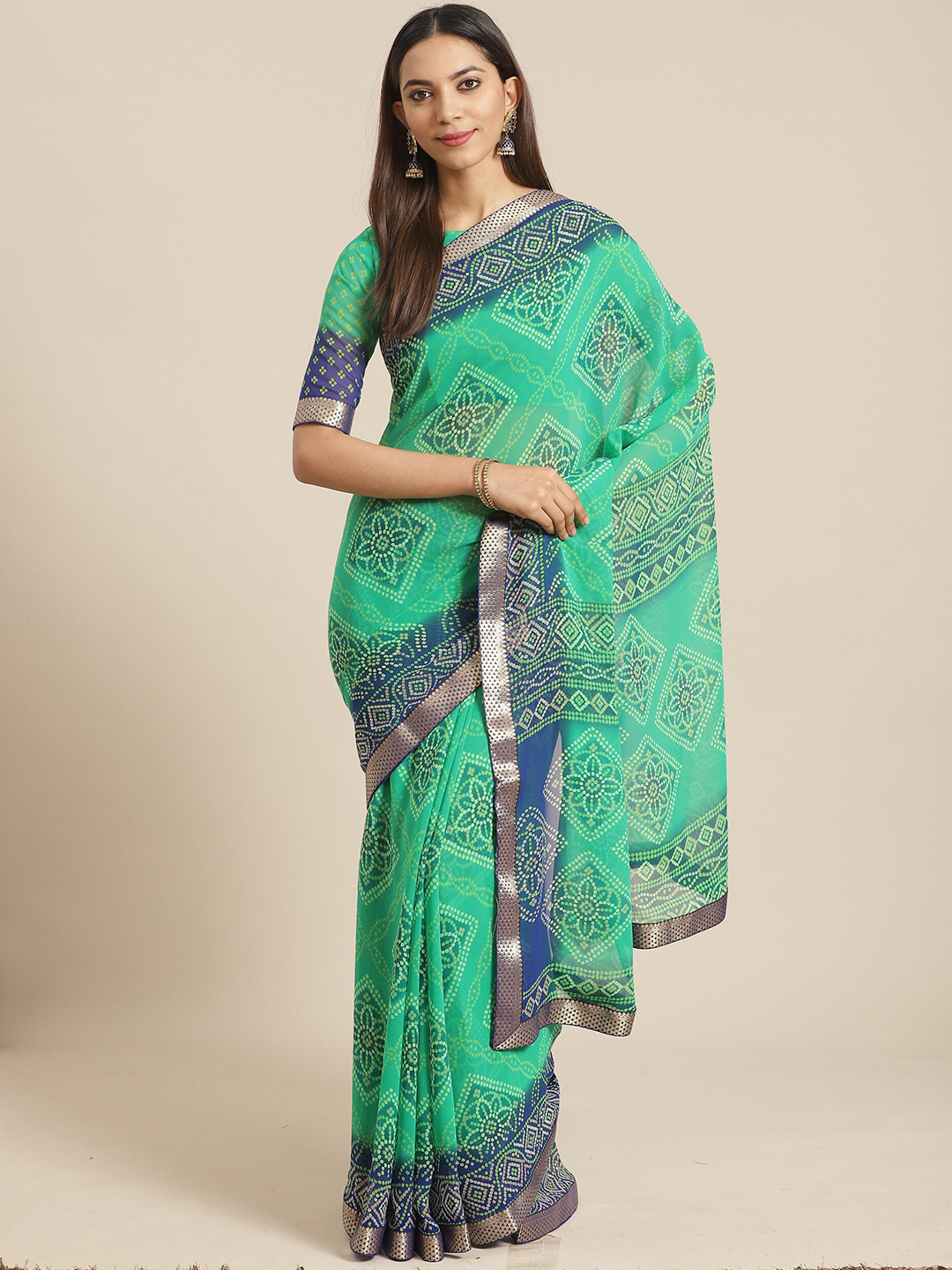 Saree mall Green & Blue Bandhani Zari Bandhani Sarees