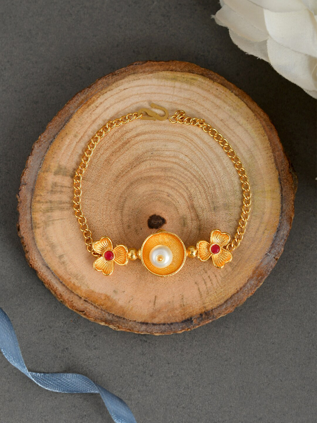 Silvermerc Designs Women Gold Brass Pearls Handcrafted Gold-Plated Charm Bracelet