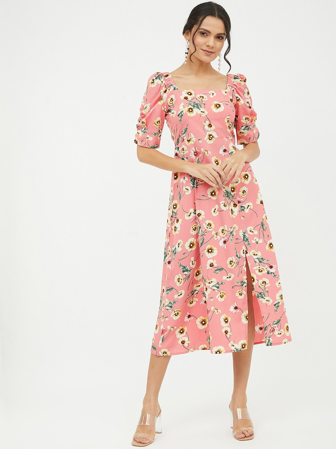 Harpa Women Pink & Off-White Floral Printed Midi-Length A-Line Dress
