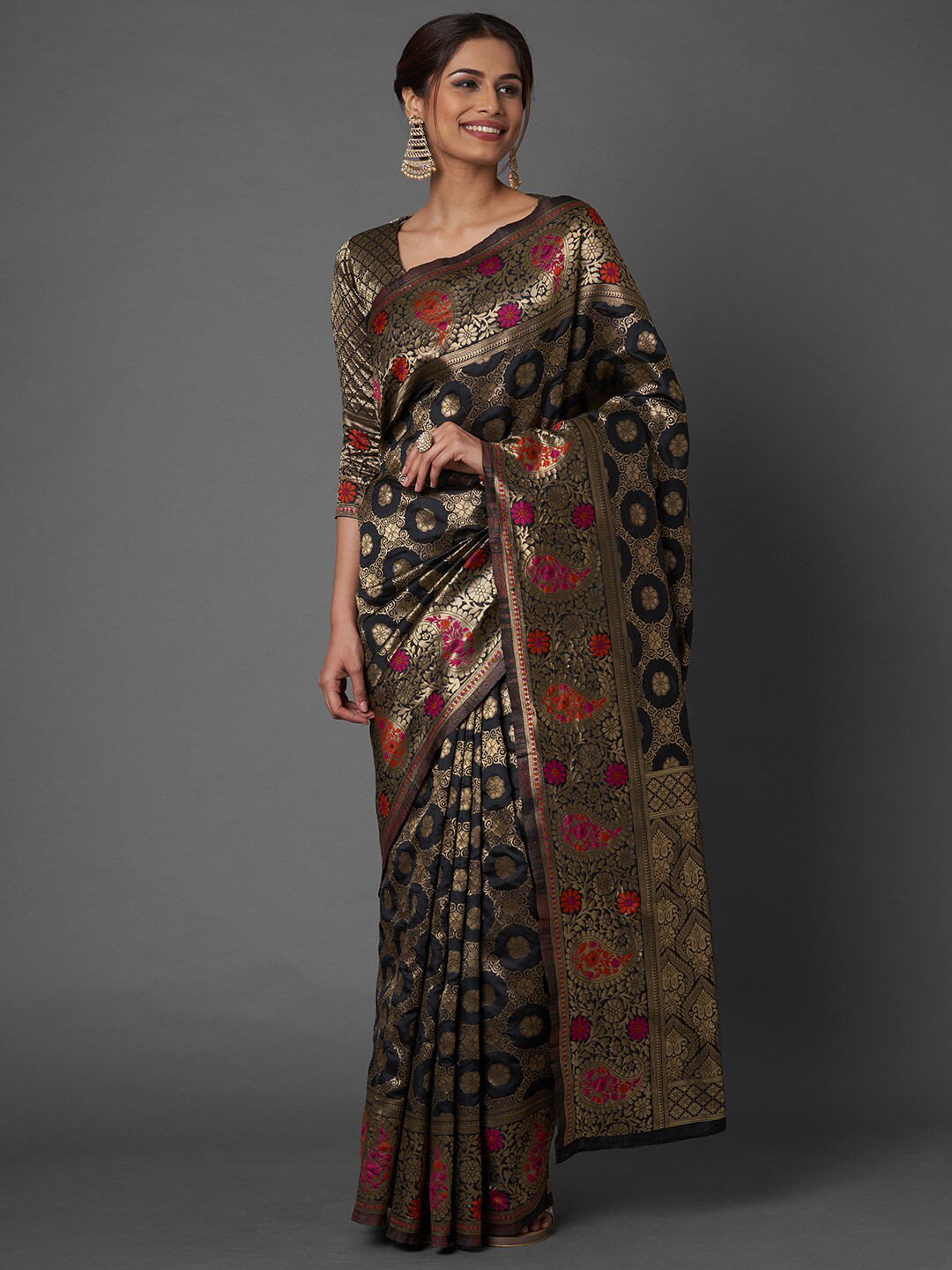 Saree mall Women Black Silk Blend Ethnic Paisly Wedding Saree