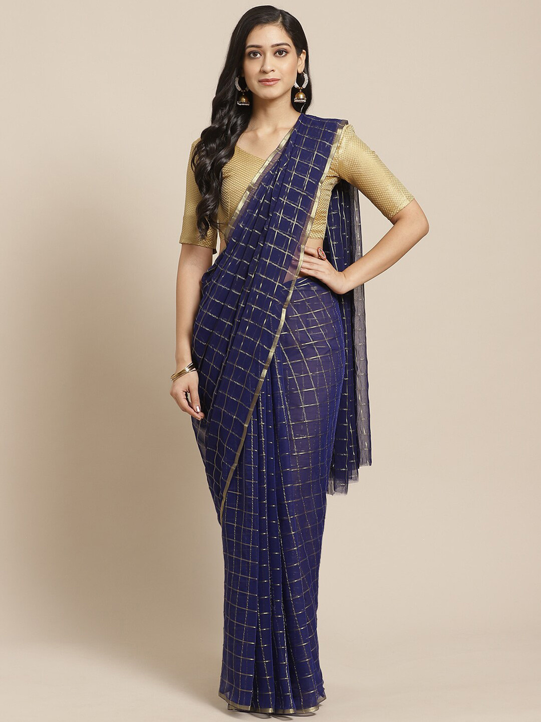 Saree mall Navy Blue Checked Sarees