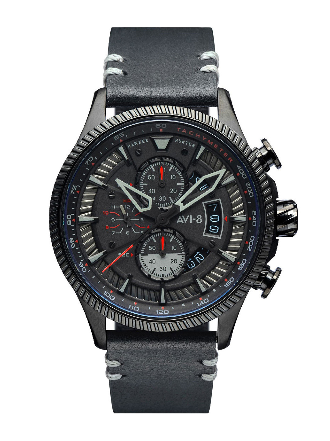 AVI-8 Men Black Round Dial Chronograph Tachymeter Leather Analogue Watch AV-4064-05