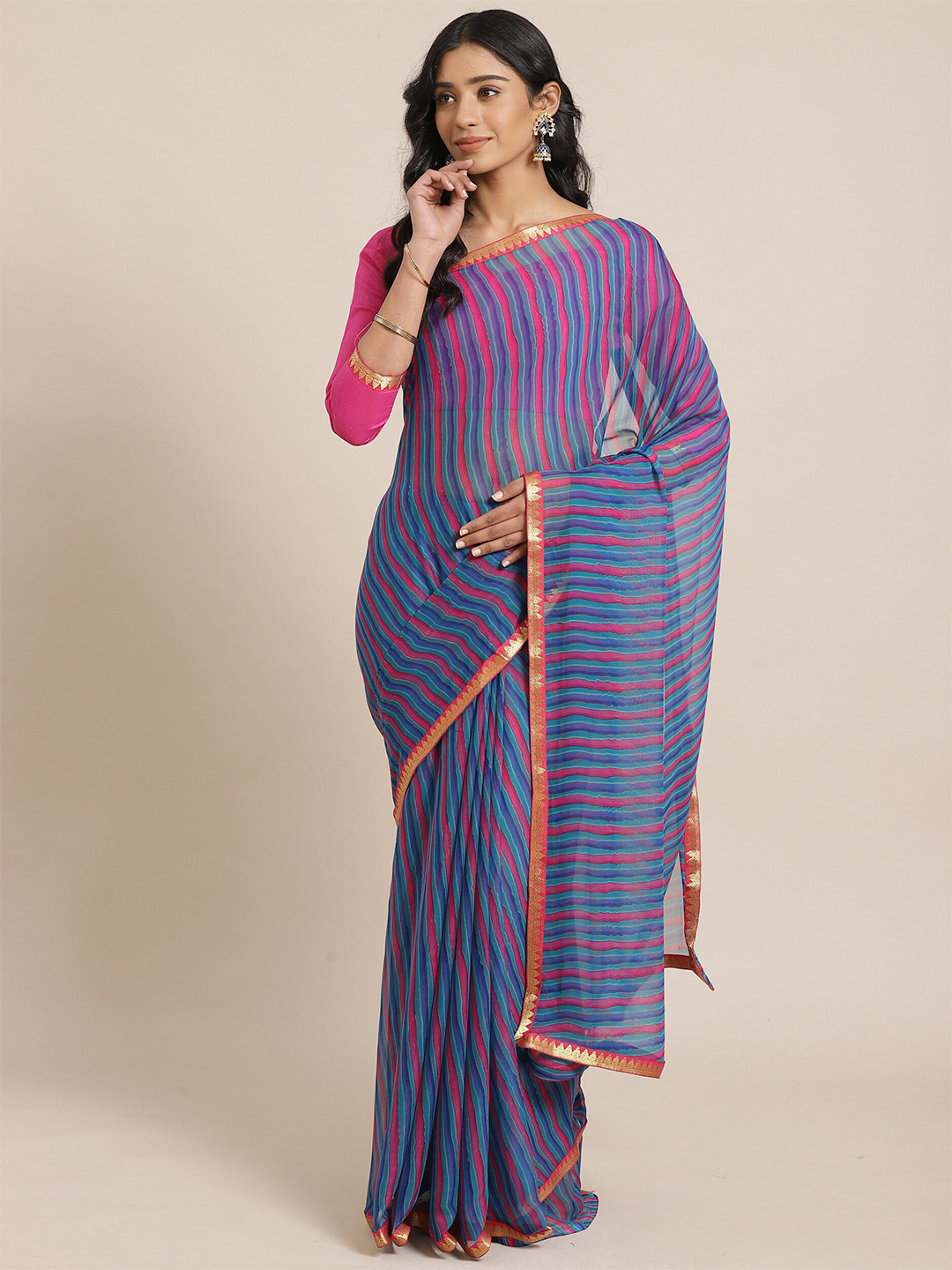 Saree mall Teal Blue & Pink Leheriya Printed Sarees