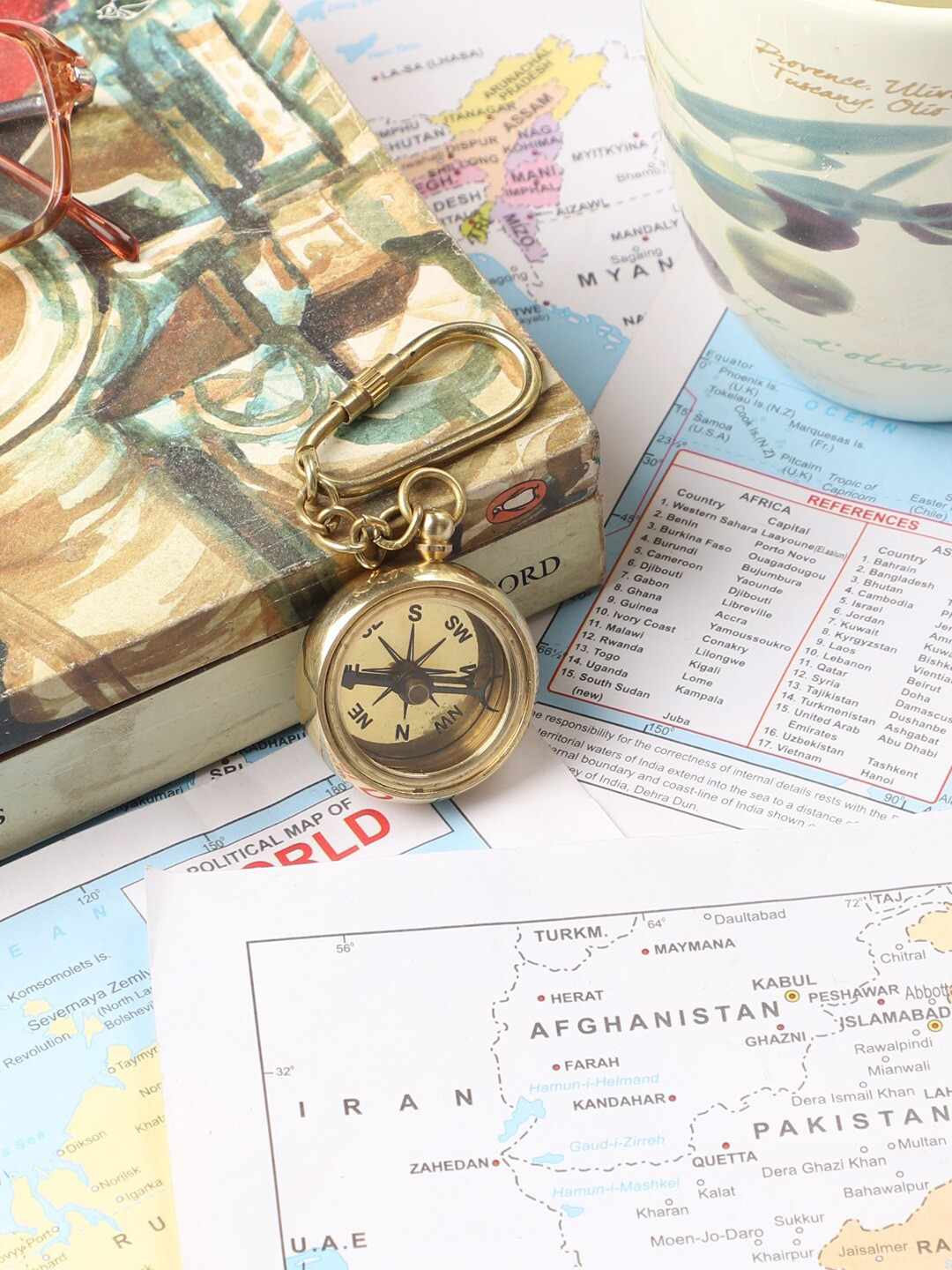 EXIM DECOR Gold Brass Pocket Compass Keychain