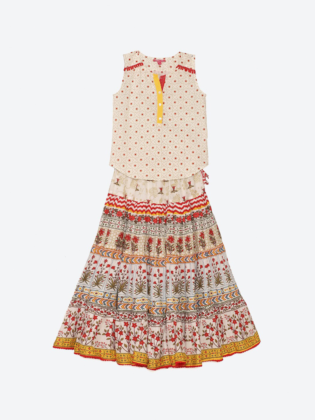 Biba Girls Off White & Red Printed Top with Skirt