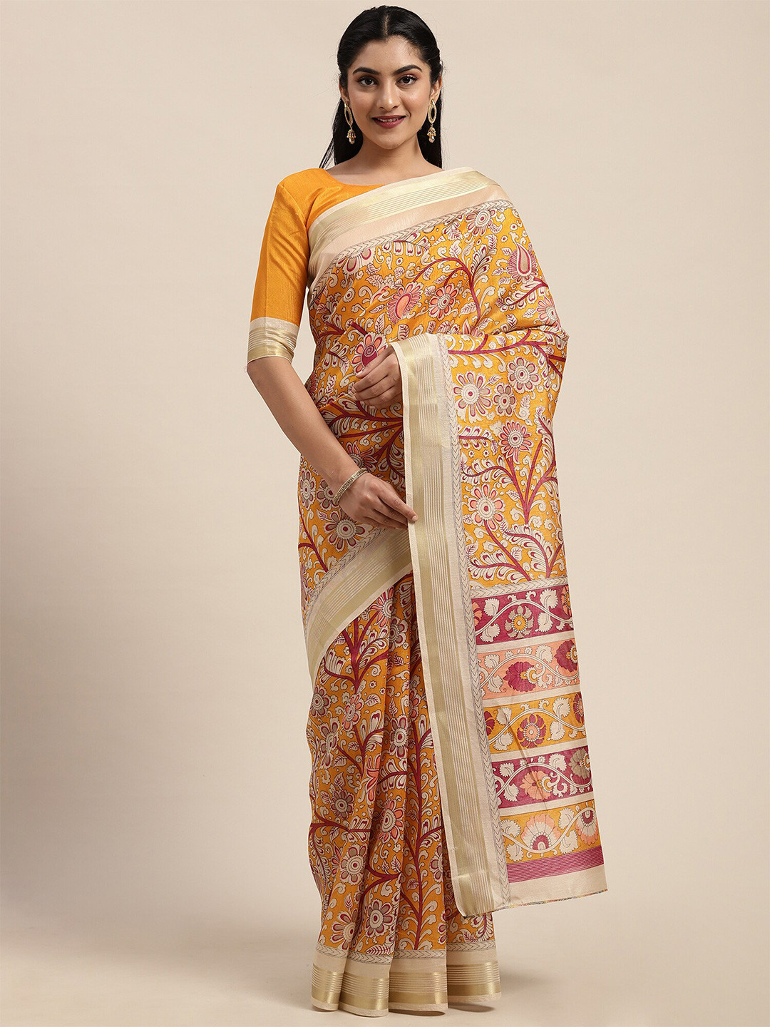 Saree mall Mustard & Red Kalamkari Art Silk Sarees