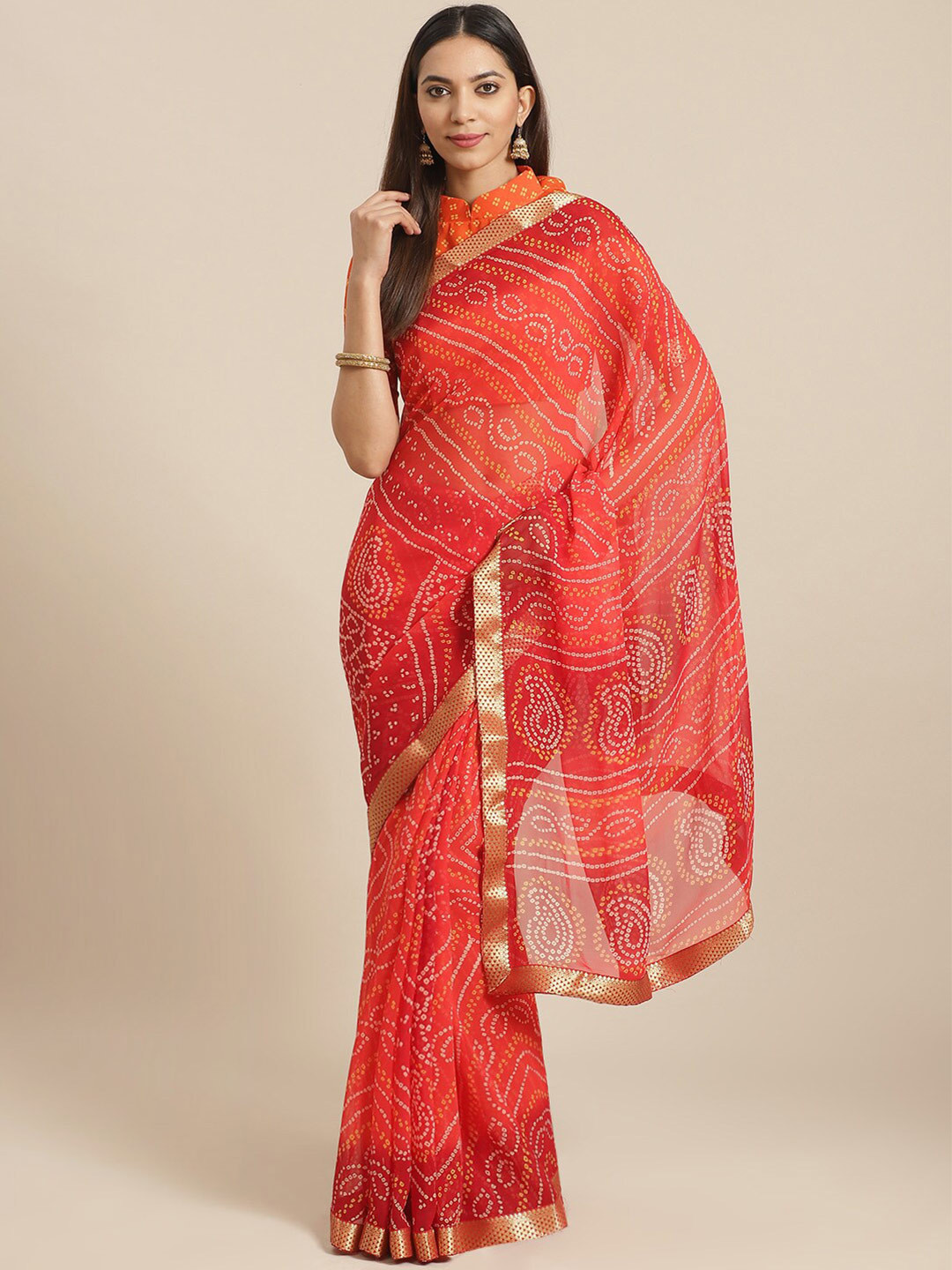 Saree mall Red & Orange Bandhani Saree