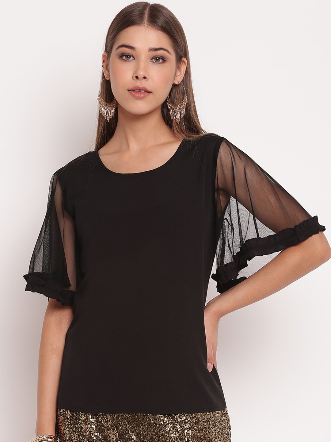 AKIMIA Black Bell Sleeve Crepe Regular Top