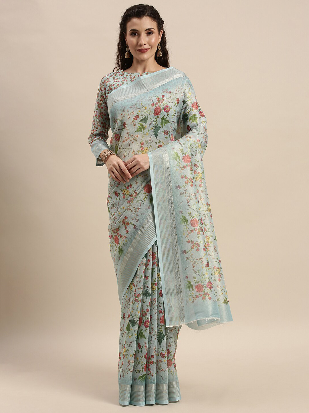 Kvsfab Blue Floral Silk Cotton Saree