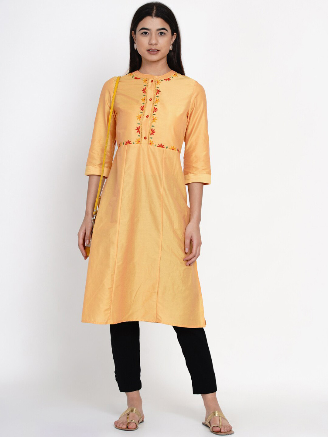 IX IMPRESSION Women Yellow Floral Embroidered Thread Work Kurta