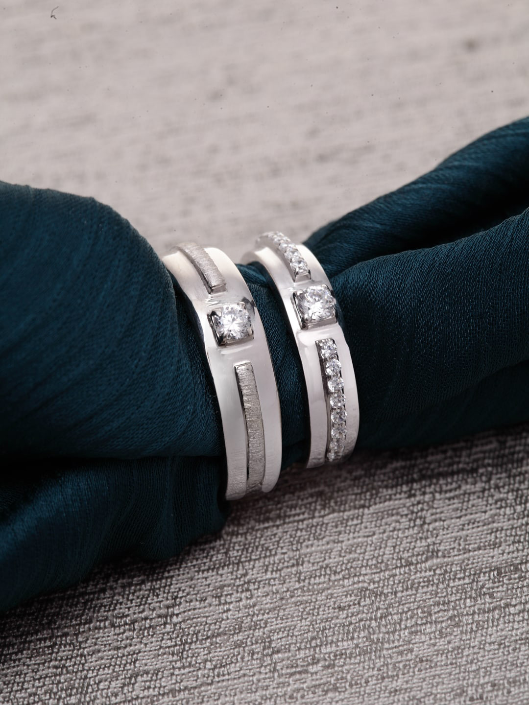 Clara Unisex Set Of 2 Silver-Toned & White CZ-Studded Sterling Silver Couple Rings