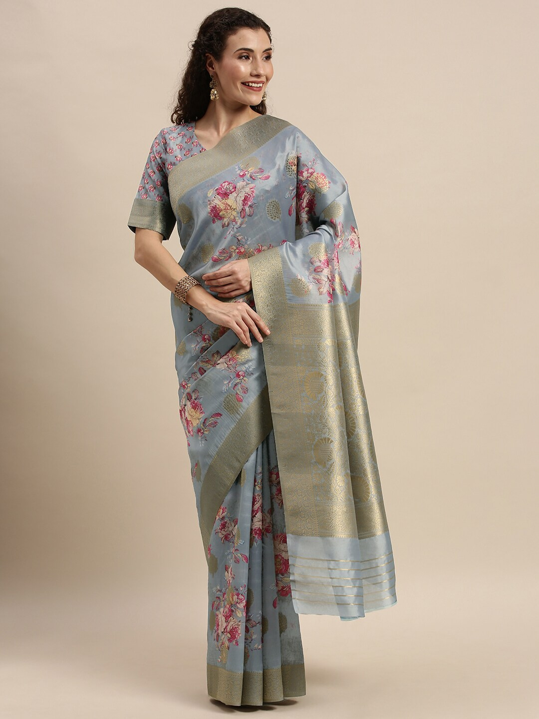 Kvsfab Grey & Pink Floral Zari Silk Cotton Saree