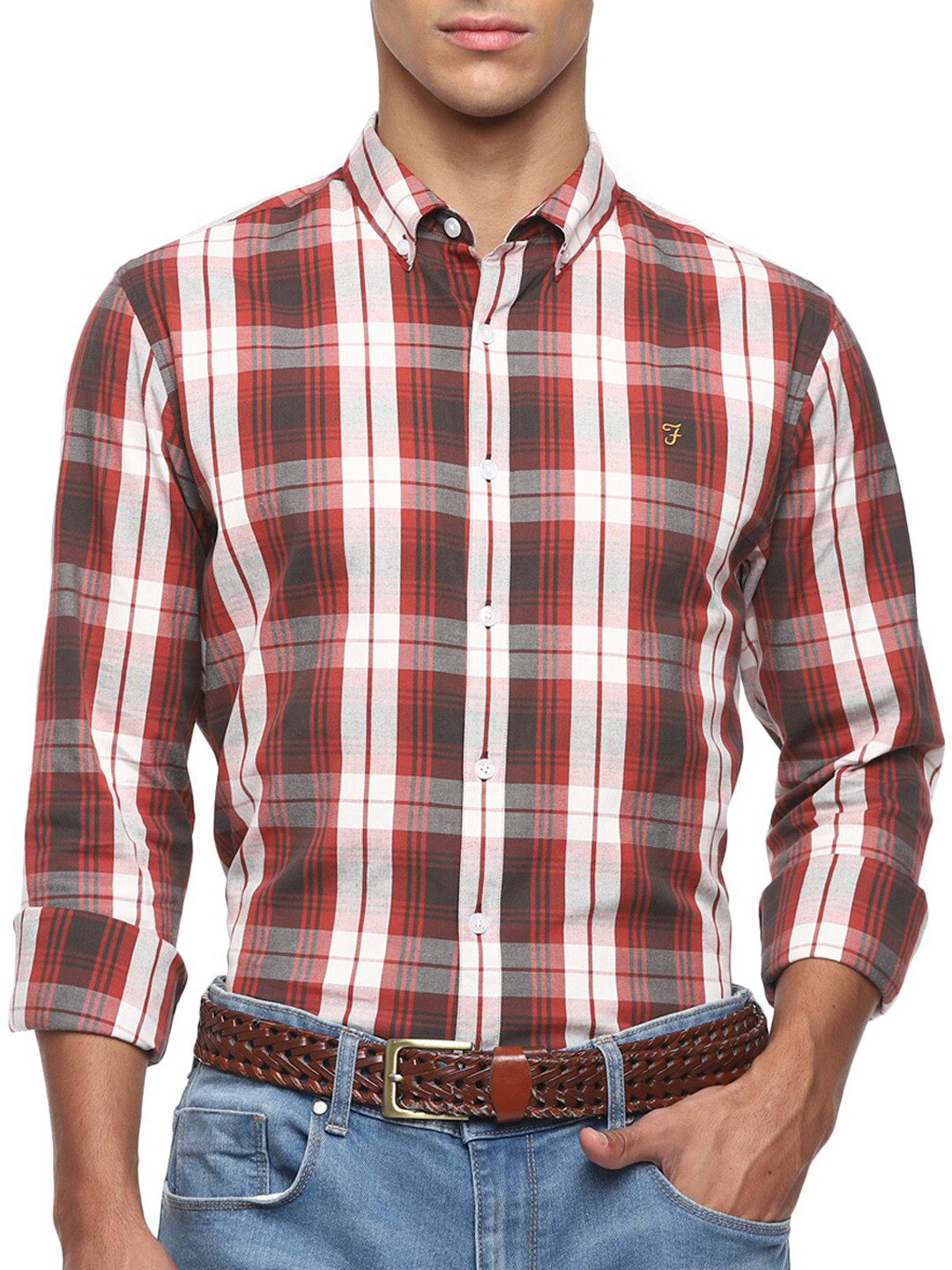 Farah Men Red Checked Casual Shirt
